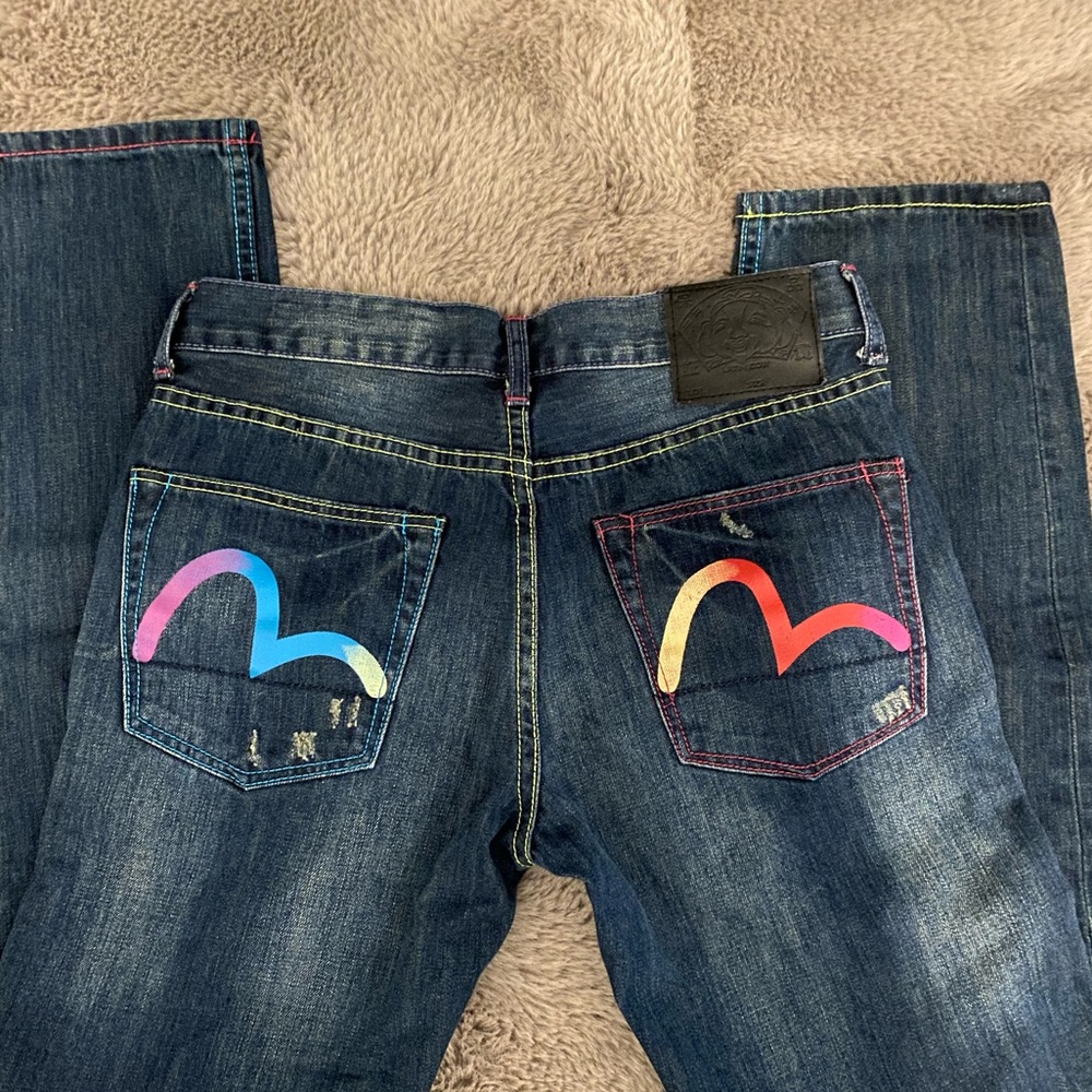 RARE EVISU UNISEX JEANS rainbow evisu osaka japan painted jeans dark blue